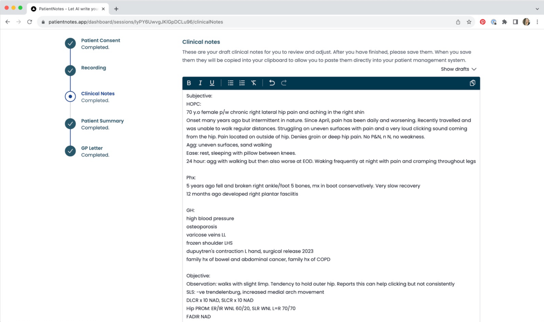 PatientNotes user interface